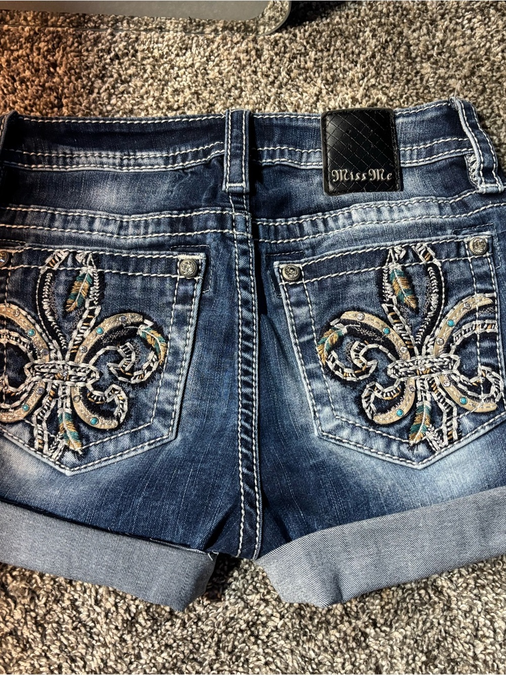 Miss Me Blue Denim Shorts with Embroidered Fleur-de-Lis Pockets